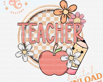 boho teacher png designs for mouse pads, checkered teacher tote bag png for teacher appreciation png for door signs, back to school png file