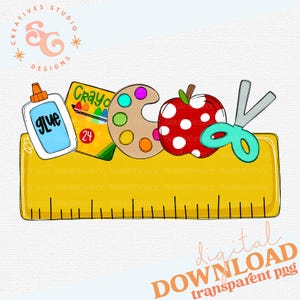 May include: A digital illustration featuring school supplies. Includes a glue bottle, a box of crayons, a paint palette, a red apple with white polka dots, and teal scissors. All are placed on a yellow ruler. The word "SCHOOL" is formed by the objects.