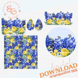 Texas bluebonnet png bundle for tumblers DIGITAL DOWNLOAD, yellow rose png for earrings, Texas flowers sublimation designs for coasters