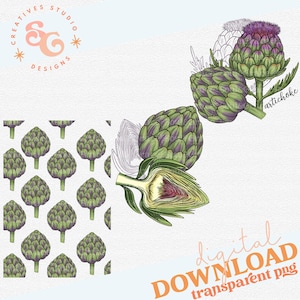 Puede incluir: Un patrón sin costuras de ilustraciones de alcachofas en tonos de verde y morado. El patrón está sobre un fondo blanco. También se muestra una sola ilustración de alcachofa con el texto "alcachofa" y "descarga digital png transparente".