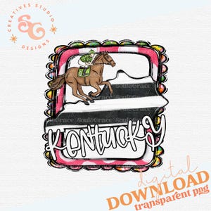 May include: A digital illustration of a horse race in Kentucky. The horse is brown with a jockey wearing a green and white uniform. The image is surrounded by a pink and black border with white polka dots. The text "KENTUCKY" is written in white letters on a black background.