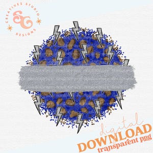 Könnte beinhalten: Ein digitaler Download eines blauen und braunen Leopardenmuster-Kreises mit Blitzen. Der Kreis hat ein silbernes Glitzerbanner in der Mitte.