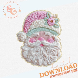May include: Embroidered Santa Claus design with a pink and white hat, a white beard, and a pink face. The design includes a gold border and a floral accent. The image also includes the text "digital DOWNLOAD transparent png".