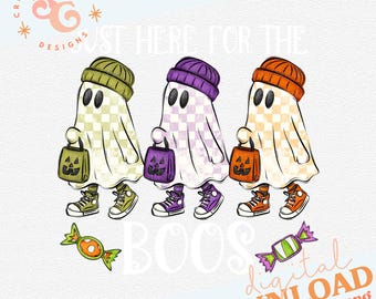 WHITE just here for the boos checkered ghost trio png for shirt Halloween png designs for kids shirts, trick or treat bag png commercial use