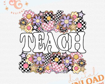checkered floral teach png designs for t shirts, retro teacher tote bag png for teacher appreciation png files for school, checkerboard clip
