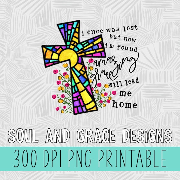 Amazing Grace png for coffee mugs DIGITAL DOWNLOAD, stained glass cross png for shirts for women, floral Christian sublimation designs for