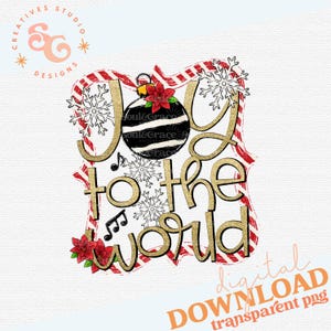 Op de afbeelding: Een digitale download van een kerstgrafiek met een gouden glitterontwerp met de tekst "Joy to the World". De grafiek heeft een rode en witte candy cane streeprand, een zwart-wit gestreepte kerstbal, sneeuwvlokken en rode kerststerren.