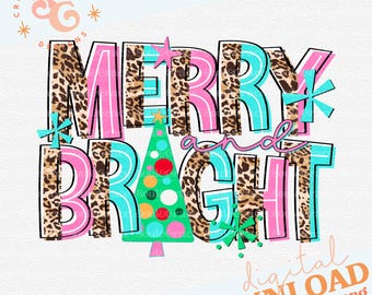 alegre y brillante png para bolsos descarga digital, archivos png de Navidad rosa para camisetas, diseños de sublimación de árbol de Navidad con estampado de leopardo para