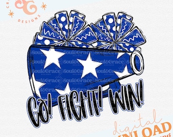 Peut inclure: Un mégaphone bleu et blanc avec des étoiles et des pompons, avec le texte "Go! Fight! Win!" en lettres noires.