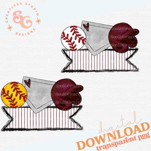 Pode incluir: Um download digital de uma bola de softball e uma luva de beisebol com uma faixa listrada vermelha e branca. A faixa está em branco e pode ser usada para personalização.