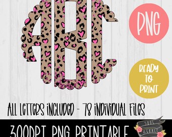 leopard print Valentines day shirt png for gifts, scalloped monogram alphabet png for girls tumbler, pink heart sublimation designs for baby