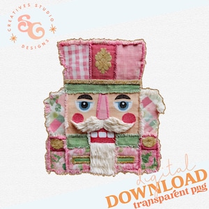 May include: A whimsical, patchwork-style nutcracker design in pink, green, and cream. The design features a detailed face with blue eyes, a pink nose, and a white mustache and beard. The image includes the text "digital DOWNLOAD transparent png".