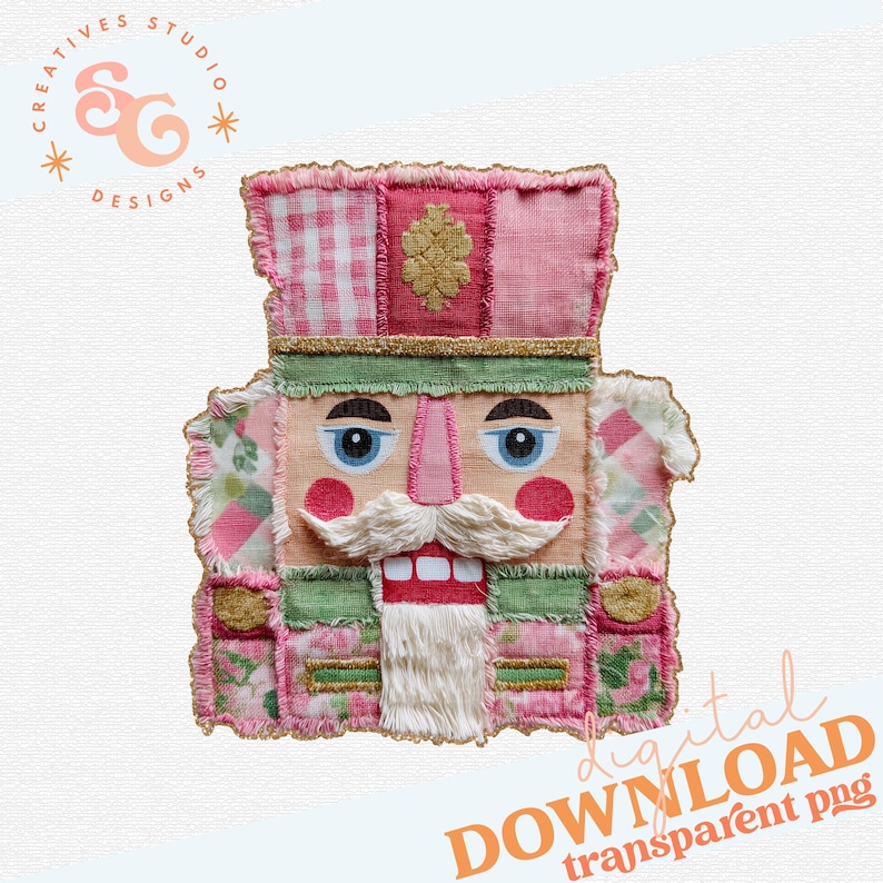 May include: A whimsical, patchwork-style nutcracker design in pink, green, and cream. The design features a detailed face with blue eyes, a pink nose, and a white mustache and beard. The image includes the text "digital DOWNLOAD transparent png".