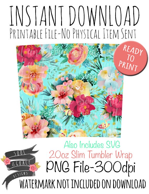 Download Aqua Floral Tumbler Wrap 20oz Slim Tumbler Wrap Svg Png Etsy