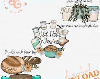 sourdough bread png for tea towels, kitchen wall art, set of three sourdough starter clipart, INSTANT DOWNLOAD, Printable, Sublimation
