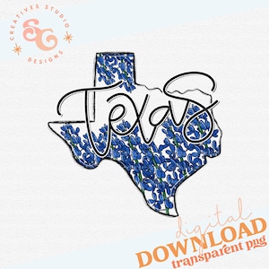 Może przedstawiać: Cyfrowy plik do pobrania z konturem stanu Teksas wypełnionym niebieskimi kwiatami lupiny. Słowo "Texas" jest napisane czarnym kursywą nad konturem.