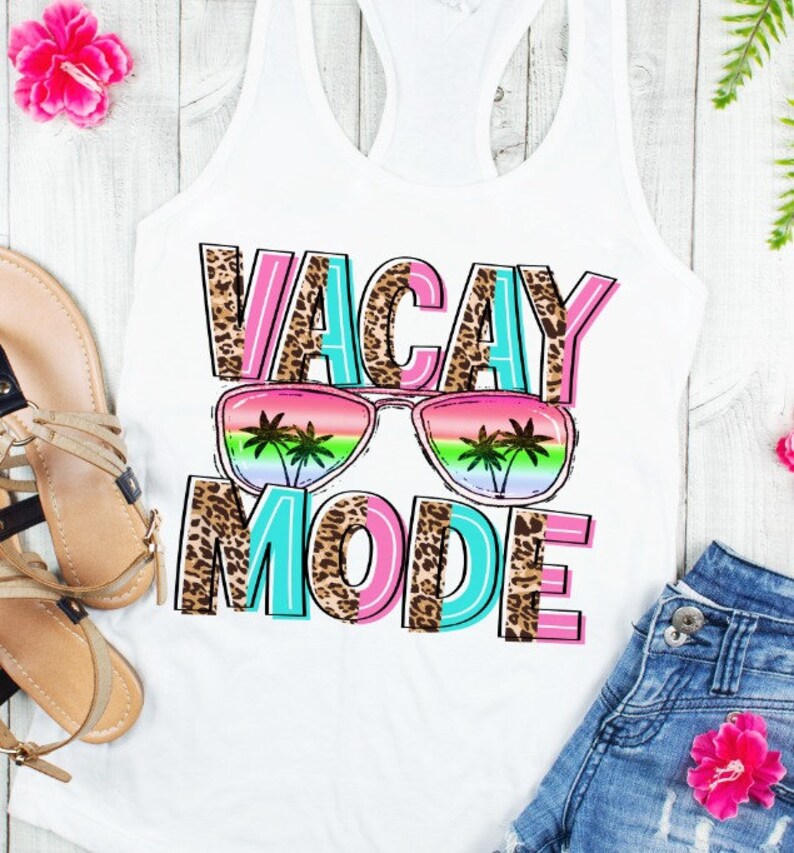 May include: White tank top with the text "VACAY MODE" in pink, blue, and black letters with a leopard print pattern. Sunglasses with palm trees reflected in the lenses are above the text.