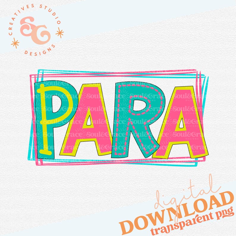 May include: A colorful graphic design of the word "PARA" in a bright pink, turquoise, and yellow color scheme. The letters are outlined in yellow and have a stitched effect. The design is surrounded by multiple pink, turquoise, and yellow lines.