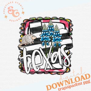 May include: A digital illustration of the state of Texas with a black and white striped pattern, bluebonnet flowers, and an armadillo. The word "Texas" is written in a stylized font.