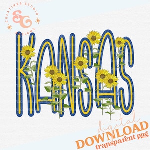 May include: A digital download of a graphic design featuring the word "Kansas" in blue and yellow with sunflowers around the letters. The text "digital download transparent png" is at the bottom of the image.
