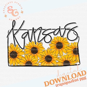 May include: A digital download of a graphic design featuring the word "Kansas" in black script with a black outline of the state of Kansas filled with yellow sunflowers.