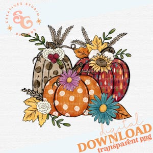 May include: A digital illustration of four pumpkins with a variety of patterns and colors. The pumpkins are surrounded by fall foliage and flowers, including sunflowers, daisies, and berries. The pumpkins are arranged in a cluster, with the largest pumpkin in the back and the smallest pumpkin in the front.