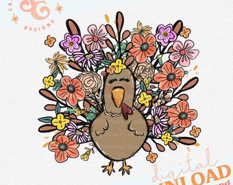 floral turkey png for sweatshirts, fall wildflowers sublimation designs for Thanksgiving png bestseller, autumn png tee shirt designs for