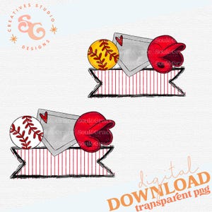 Pode incluir: Um download digital de um gráfico temático de beisebol com um capacete de beisebol vermelho, uma bola de beisebol e um home plate. O gráfico está em uma faixa listrada vermelha e branca com uma borda preta.