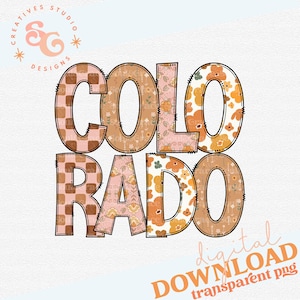 Puede incluir: Una descarga digital de un diseño gráfico con la palabra "COLORADO" en un estilo retro con un mosaico de patrones florales y geométricos en tonos de rosa, naranja y marrón.