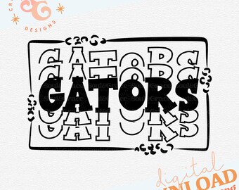 Könnte beinhalten: Schwarzweißes Grafikdesign des Wortes "GATORS" in einem geschichteten, überlappenden Stil. Das Design ist perfekt für die Verwendung auf T-Shirts, Tassen oder anderen Waren.