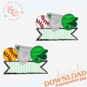 Pode incluir: Um download digital de um capacete de beisebol verde, uma placa de home branca e uma bola de beisebol vermelha e amarela com uma faixa listrada verde e branca. A faixa tem uma borda preta e está pronta para o texto.
