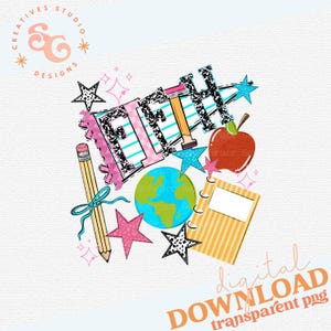 May include: A digital graphic design featuring the word FIFTH in black and white speckled letters, accompanied by a yellow pencil with a blue bow, a red apple, a blue and green globe, a yellow notebook, and various pink, blue, and black stars.