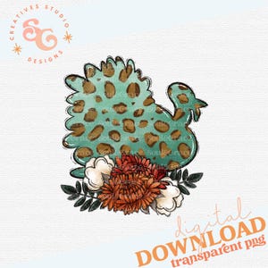May include: A teal blue turkey with a brown leopard print pattern, surrounded by a bouquet of orange, white, and red flowers.