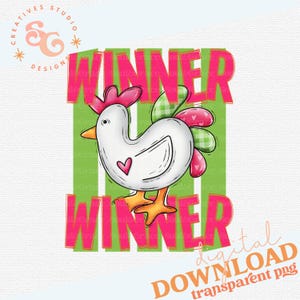 以下が含まれることがあります： ピンクのハートとピンクと緑のチェック柄の尾を持つ漫画のニワトリのデジタルグラフィック。「WINNER」の文字が緑色の背景にピンク色で表示されています。「digital download transparent png」の文字が下にあります。