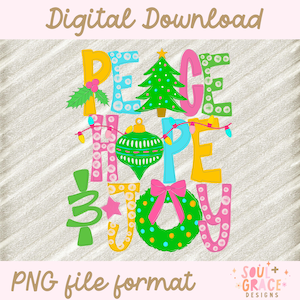 peace hope joy bright Christmas dtf png for shirts Christmas png designs for graphic tees, colorful holiday kitchen towel png sublimation