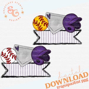 Pode incluir: Duas imagens de clipart digital de um capacete de beisebol roxo, uma luva de beisebol branca e cinza e uma bola de beisebol amarela e vermelha. Cada imagem tem uma faixa listrada roxa e branca com um contorno preto.