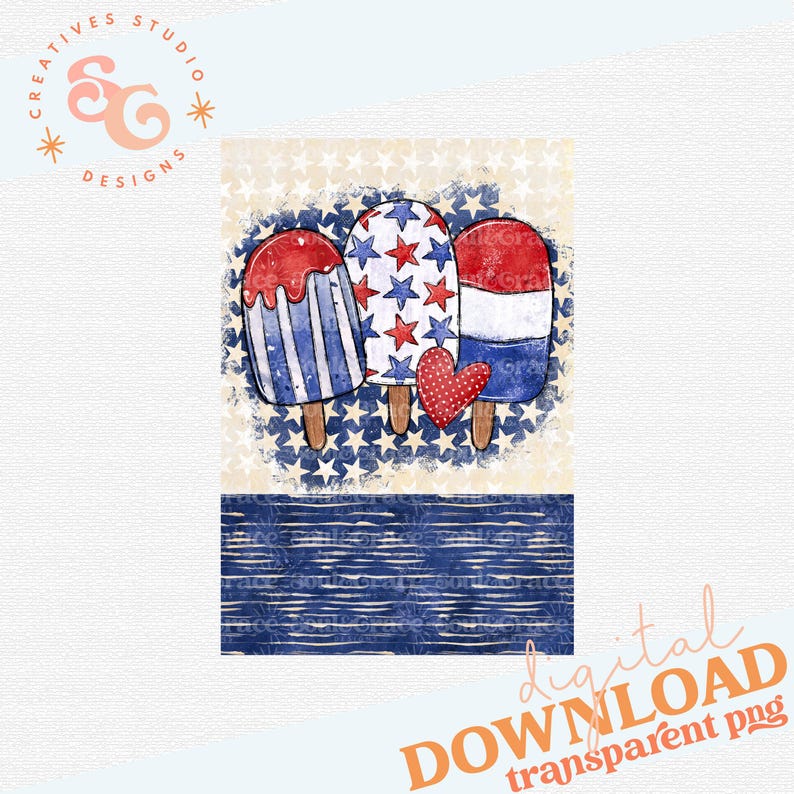 Pu&ograve; includere: Tre ghiaccioli decorati con strisce e stelle rosse, bianche e blu. I ghiaccioli sono su uno sfondo di stelle bianche su uno sfondo blu. I ghiaccioli sono sormontati da un cuore rosso.