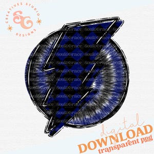 May include: A blue and black lightning bolt graphic with a tie-dye background. The graphic is outlined in black and has a distressed look.