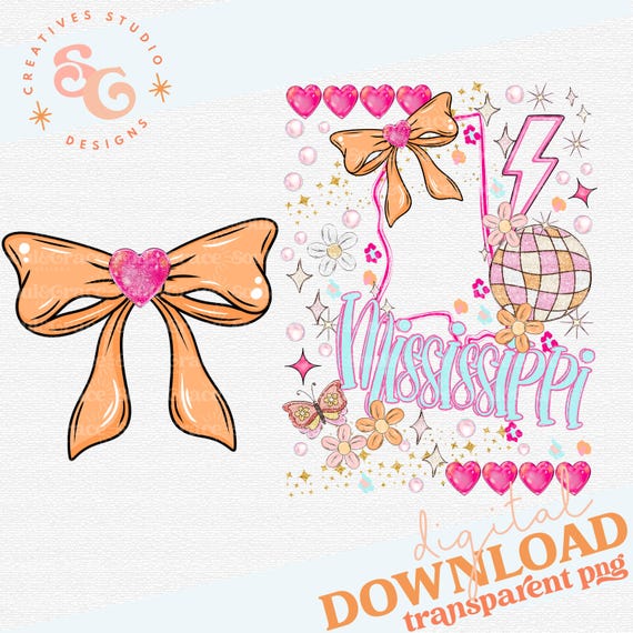 Mississippi png for signs, Mississippi girl shirt png digital file, preppy states png sublimation designs for dish mats, orange bow png