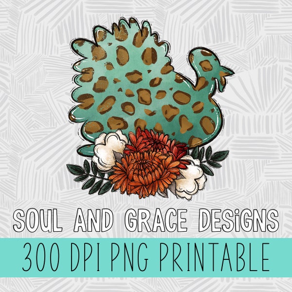 png for Thanksgiving - fall png for pillows - Turkey with Flowers - Aqua Leopard Print Turkey - Digital Design DOWNLOAD - PNG- Sublimation