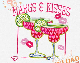 margs and kisses Valentines Day png for sweatshirts, margarita Valentine shirt png files for gifts, Galentines Day sublimation designs for
