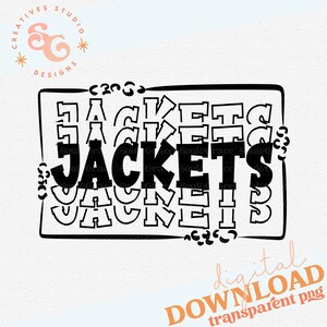 May include: Black and white graphic design of the word "Jackets" repeated multiple times in a layered, overlapping pattern. The word is in a bold, blocky font.