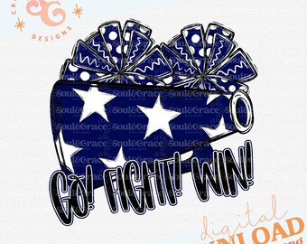 Peut inclure: Un mégaphone de cheerleading bleu et blanc avec des pompons sur le dessus. Le mégaphone a des étoiles et le texte "Go! Fight! Win!" en noir.
