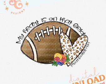 my heart is on that field png files for mom, football mom png for shirts, cute football png designs for DTF mama png leopard heart