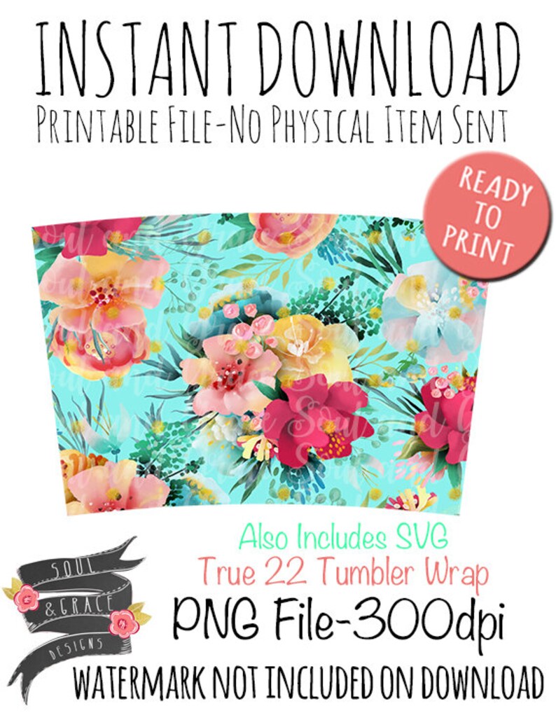 Download Aqua Floral Tumbler Wrap True 22 tumbler wrap SVG/PNG | Etsy