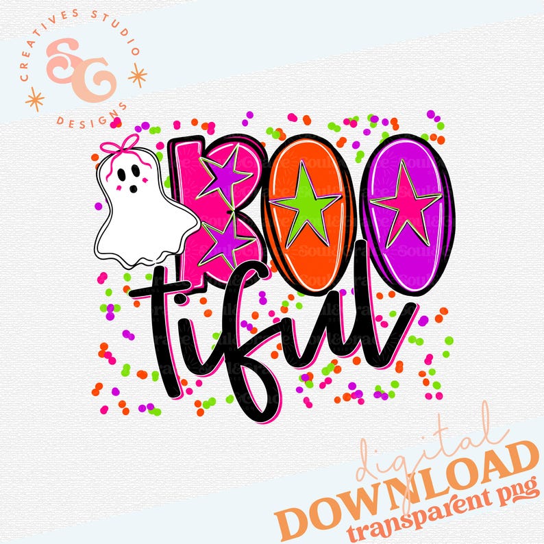 May include: A digital download graphic with a Halloween theme. The design features the word "BOOtiful" in black script, with the letters "BOO" in pink and orange, and a ghost with a pink bow. Colorful confetti dots surround the text.