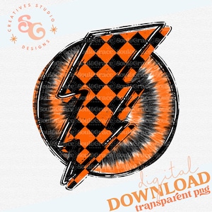 Puede incluir: Un gráfico de rayo negro y naranja con un patrón a cuadros. El gráfico se coloca sobre un fondo circular con un patrón tie-dye en tonos naranja y negro.