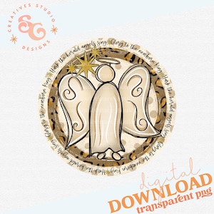 Könnte beinhalten: Eine digitale Illustration eines Engels mit Flügeln, einem Heiligenschein und einem Stern. Der Engel ist von einem Kreis mit Leopardenmuster und dem Text "Hark the herald angels sing Glory to the newborn King Hark the herald angels sing Glory to the newborn King" umgeben.