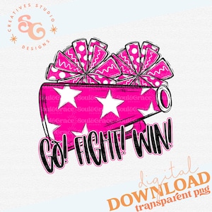 neon pink cheer design, Go Fight Win Pink Out, cheer design for breast cancer awareness, megaphone and poms png, design for cheer squad