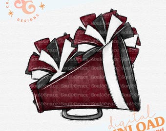 cheer poms megaphone png for girls, maroon school spirit png for shirts, cute cheer png files for cheer mom, college cheer team png download